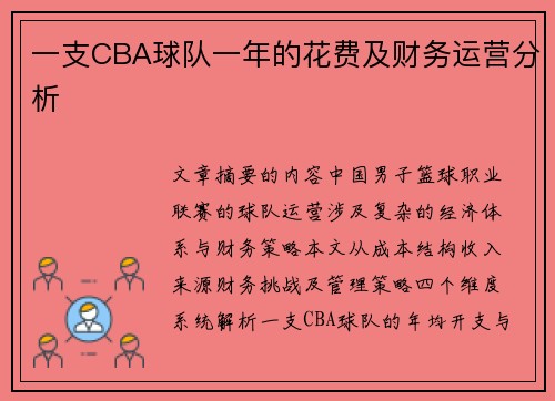 一支CBA球队一年的花费及财务运营分析