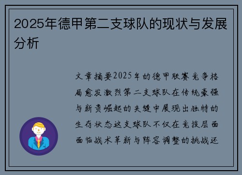 2025年德甲第二支球队的现状与发展分析